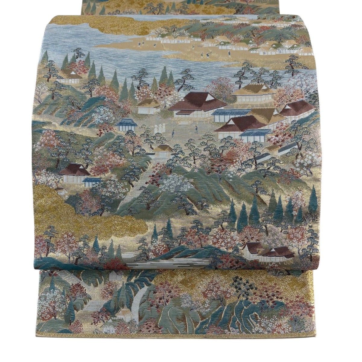 【美品】 袋帯 秀品 神奈川古図 関西仕立て 風景 建物 金糸 箔 金色 六通 正絹 【中古】没有明显的损伤或污渍