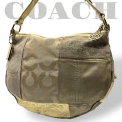 美品　コーチ　ワンショルダーバッグ　パッチワーク　キャンバス　レザー　ゴールド