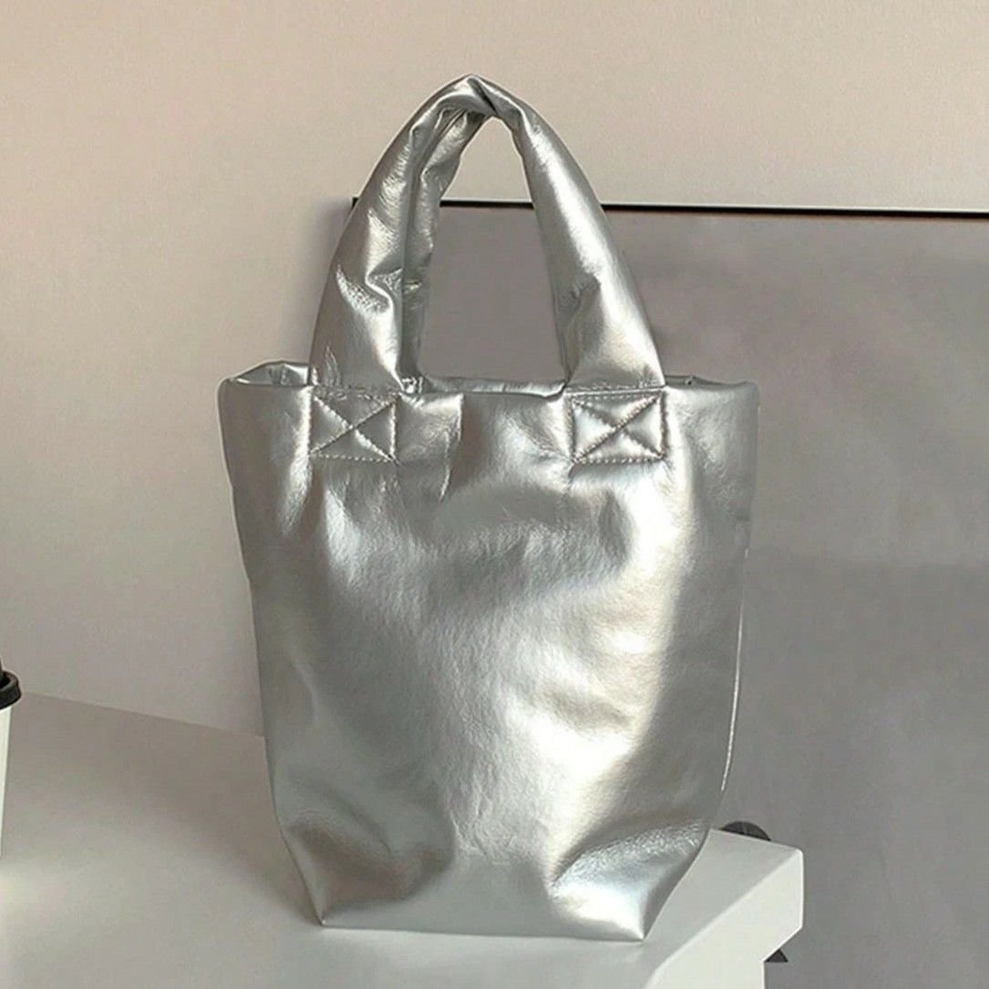 大容量 ソリッドカラー トートバッグ シルバー ハンドバッグ 可愛い お洒落 軽量 レディース シルバー443799