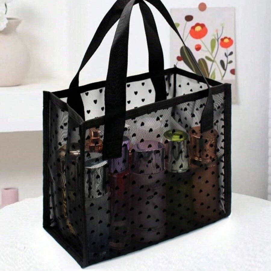 ハートパターン メッシュ スクエアバッグ レディース カジュアル 軽量 可愛い ブラック 黒405487