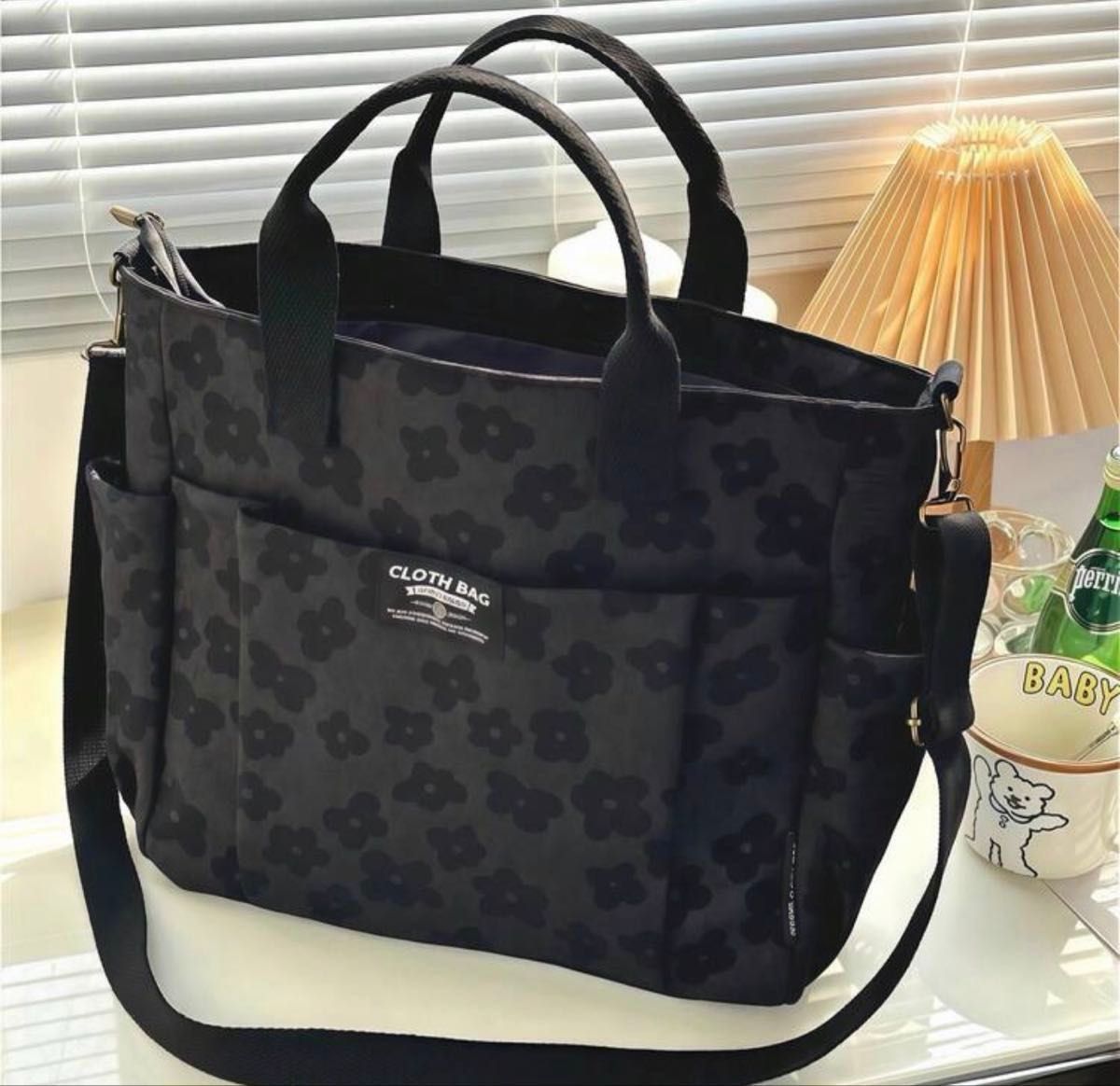 BAG 花柄 2way トートバッグ ショルダーバッグ マザーズバッグ 黒