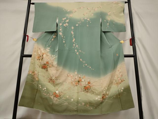 平和屋着物■訪問着　作家物　駒刺繍　流水草花文　暈し染め　金彩　正絹　逸品　AAAZ8384st