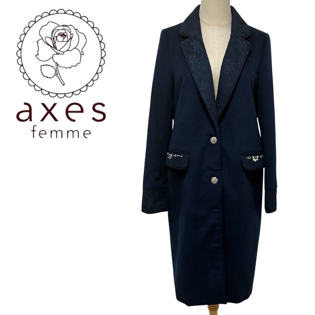 axes femme ネイビー ロングコート　レース　ビジュー　ガーリー　ボタン アクシーズファム　Mサイズ アウター フリル二手;物流保障;接近未使用
