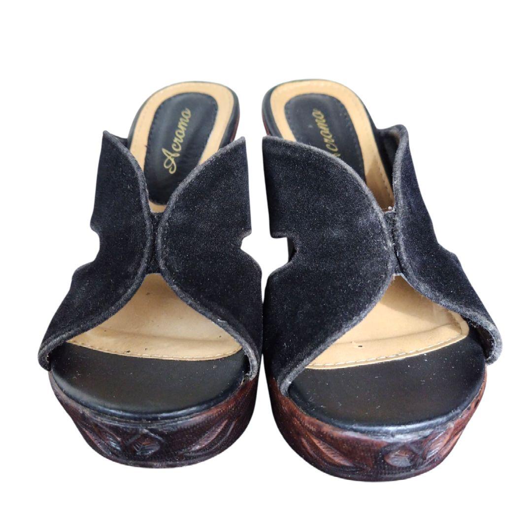 レディース スエード ウェッジソールサンダル ブラック バラ模様 厚底