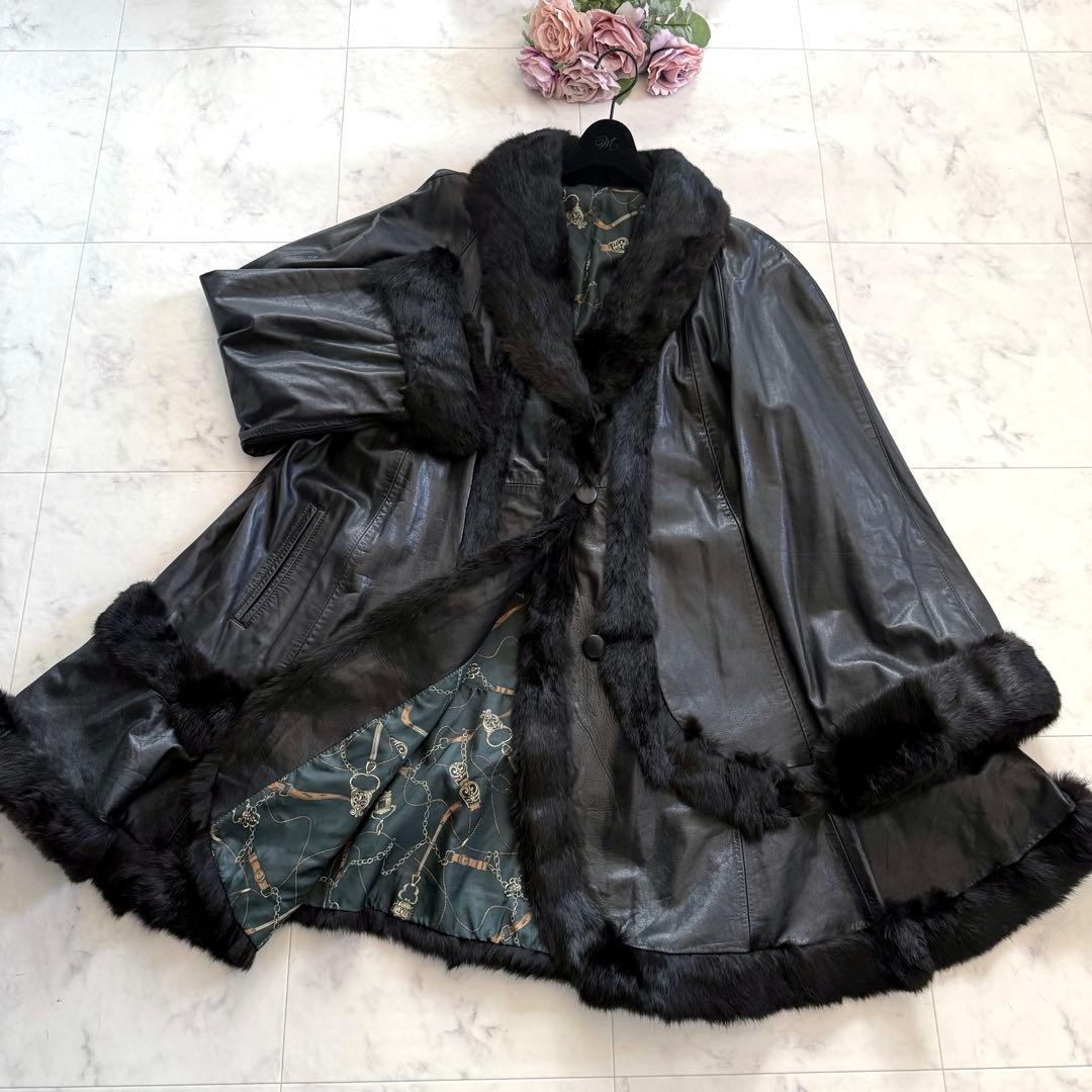 裾周り273/リアルファー ラムレザー フレアコート 毛皮 裏地総柄 デザイン◎