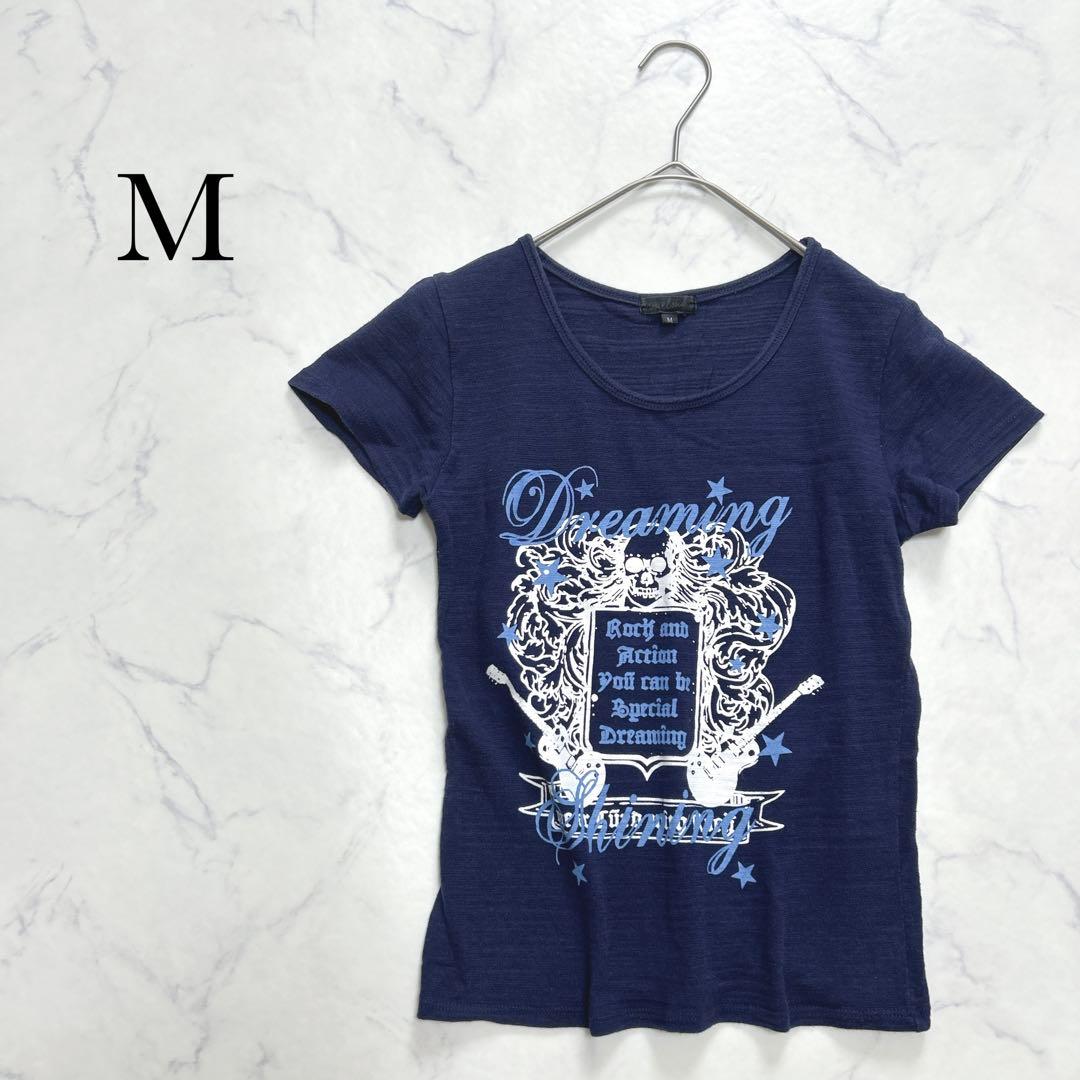 Tシャツ スカルプリント 半袖 Mサイズ カットソー ロック 英字 ガイコツ 紺