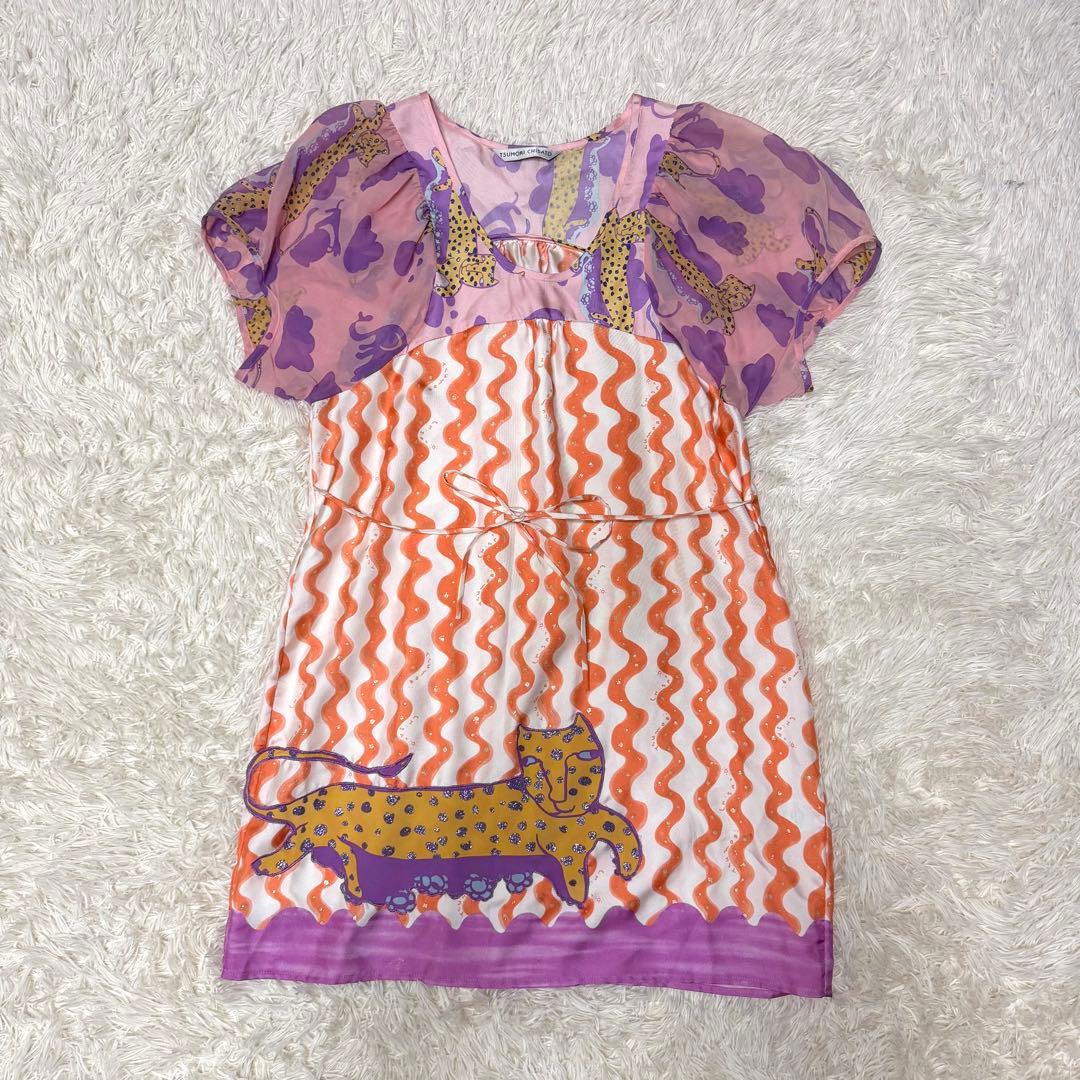 ツモリチサト　シルク100% ワンピース　チュニック　総柄　アニマルTSUMORI CHISATO;没有明显的损伤或污渍