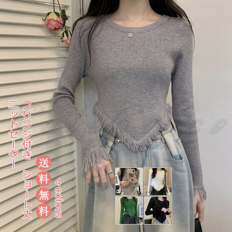 セーター ニットセーター レディース 長袖 ショート丈 フリンジ付き シンプル トップス Tシャツ 丸首 暖かい 秋冬新作 春 防寒 カジュアル きれいめ おしゃれ 送料無料