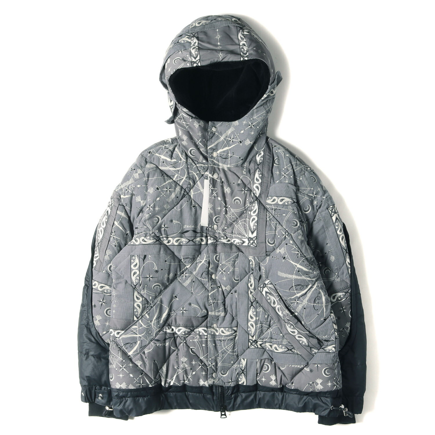 Sacai サカイ ジャケット サイズ:2 Dr. Woo バンダナ プリント フーデッド パテッド ジャケット 中綿 (Bandana Print Jacket 20-02332M) ブルゾン ペイズリー コーデュロイ ナイロン 20AW グレー ブラック アウター【メンズ】【中古】【美品】【K4425】