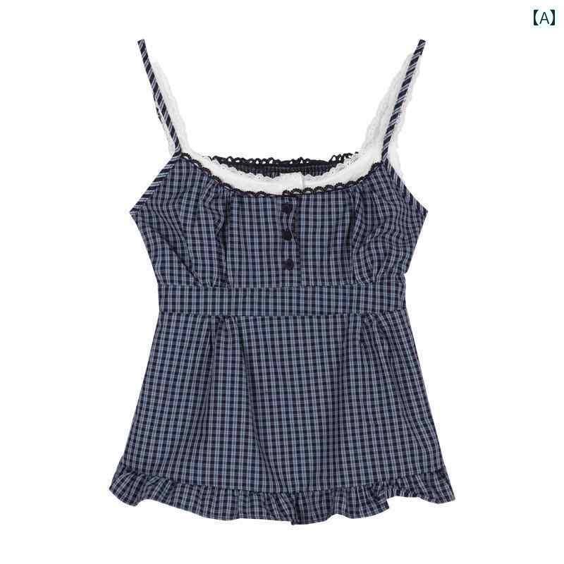 レース使いのチェック柄キャミソール。女性用夏用のかわいいトップス。ウエストを引き締めて甘辛スタイルを演出。フェイク装二重風トップス。