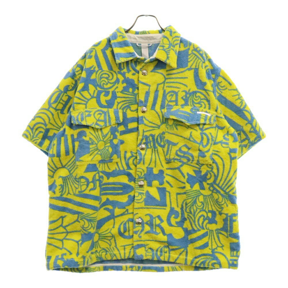 CHROME HEARTS(クロムハーツ) サイズ:XXL CRS BUTTON PILE SS SHIRT マイアミ限定 クロスボタンパイル地総柄半袖シャツ イエロー/ブルー【中古】【程度A】【カラーイエロー】【取扱店舗渋谷】