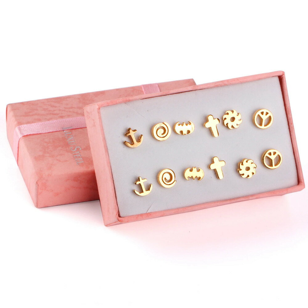 【クーポン利用で4510円】 ピアス 黒 ブラック ステンレス ゴールド シルバー クロス レディース 6ペア ボックス バット スタッド セット カラー スチール ファッション ジュエリー クラシック Y2K
