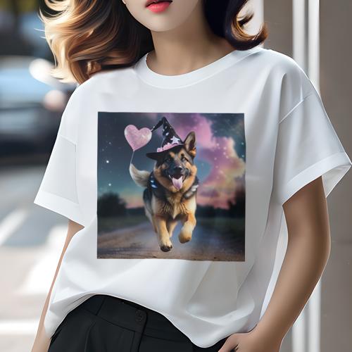 Tシャツ レディース 犬ファン 半袖 春夏 犬柄 プリント カジュアル かわいい 人間用 フィットネス ダンス 魔女の帽子 ジャーマンシェパードドッグ ハートの風船 夜空 星 道路