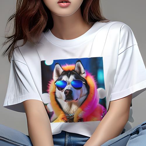 Tシャツ レディース 犬ファン 半袖 春夏 プリント カジュアル かわいい 人間用 フィットネス サングラス シベリアンハスキー 派手な服 夜景