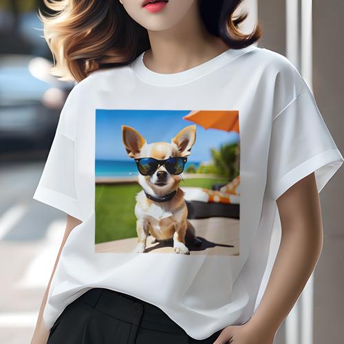 Tシャツ レディース 犬ファン 半袖 春夏 プリント カジュアル かわいい 人間用 フィットネス サングラス チワワ ビーチ