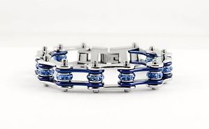 【送料無料】ブレスレット　アクセサリ—　オートバイステンレスバイクチェーンブレスレットwomens ladies motorcycle stainless steel crystal blue bike chain bracelet