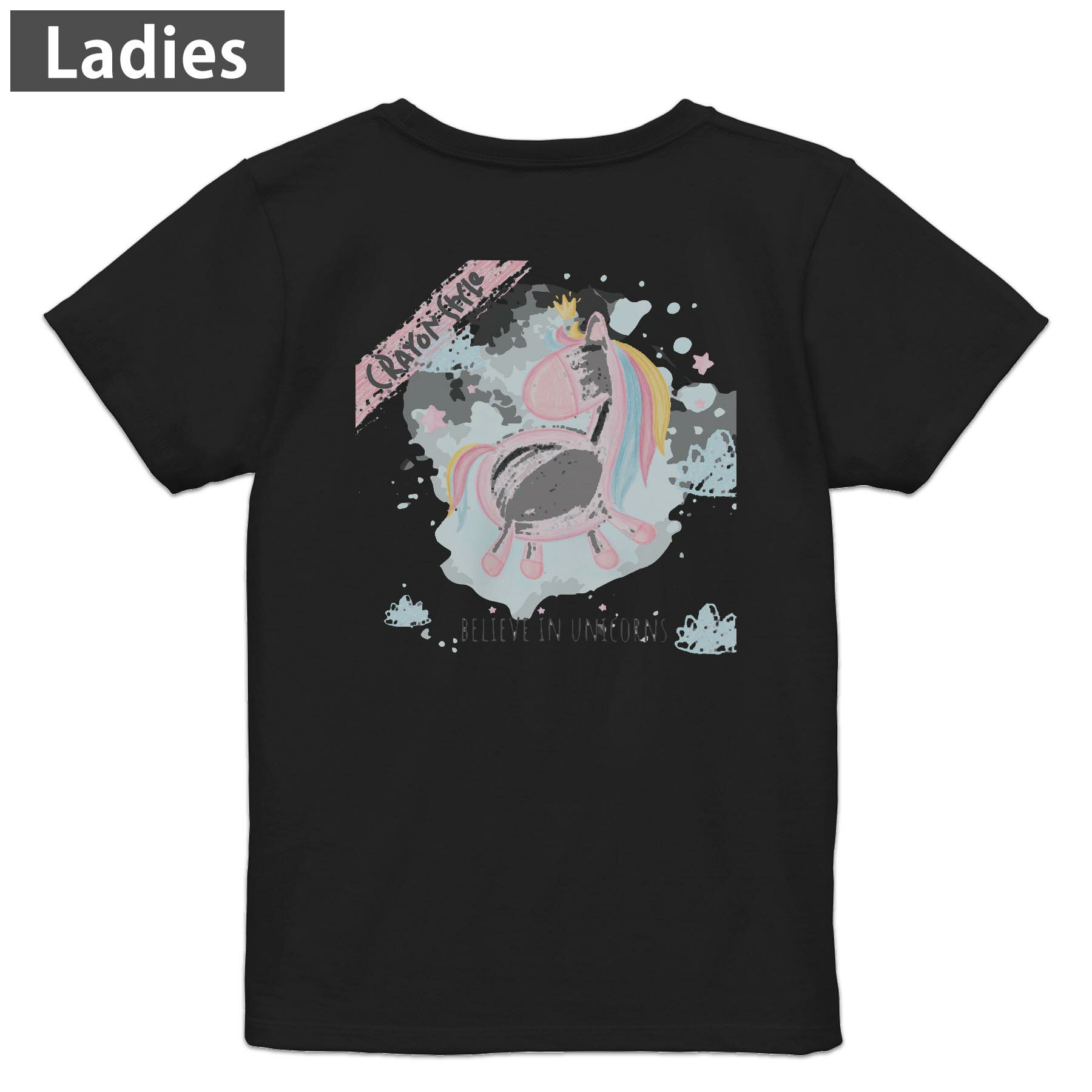 Tシャツ レディース バックプリント 半袖 ブラック 黒 デザイン M L tシャツ ティーシャツ T shirt 032585 クレヨン ユニコーン cute