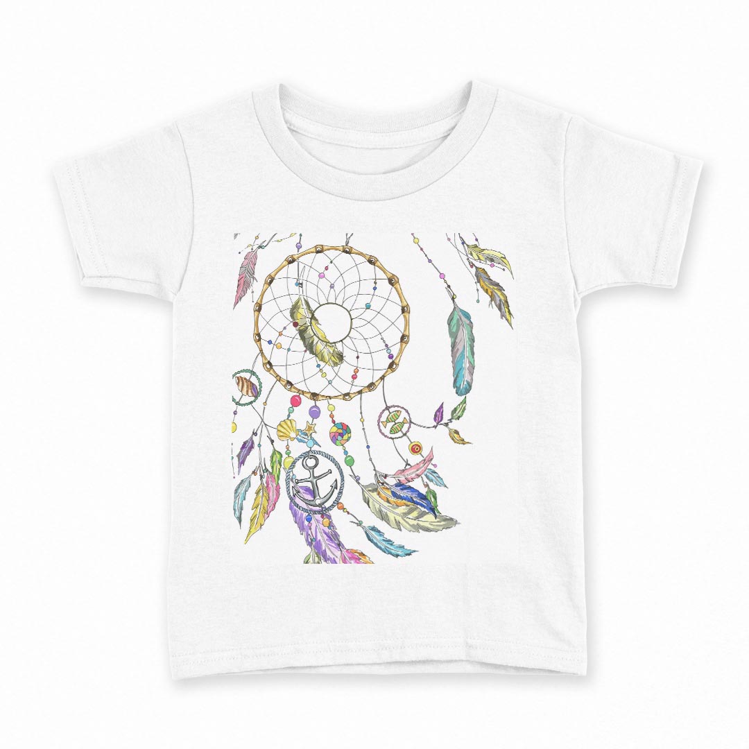 tシャツ キッズ 半袖 白地 デザイン 150 サイズ Tシャツ ティーシャツ T shirt 010563 ドリームキャッチャー　羽　カラフル