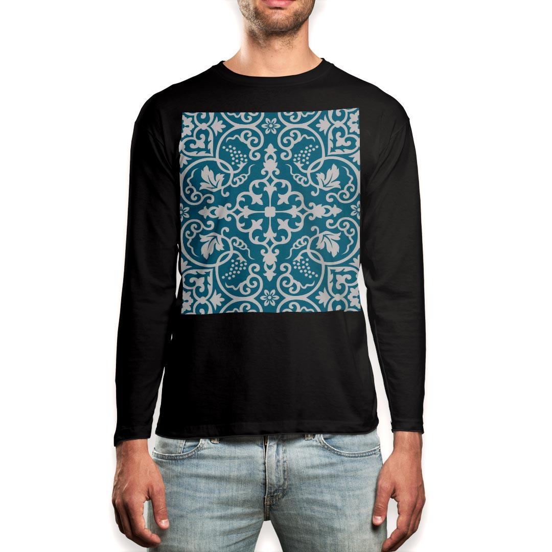 ロング tシャツ メンズ 長袖 ブラック デザイン XS S M L XL 2XL ロンT ティーシャツ 黒 black T shirt long sleeve 007804 花　フラワー　水色　模様