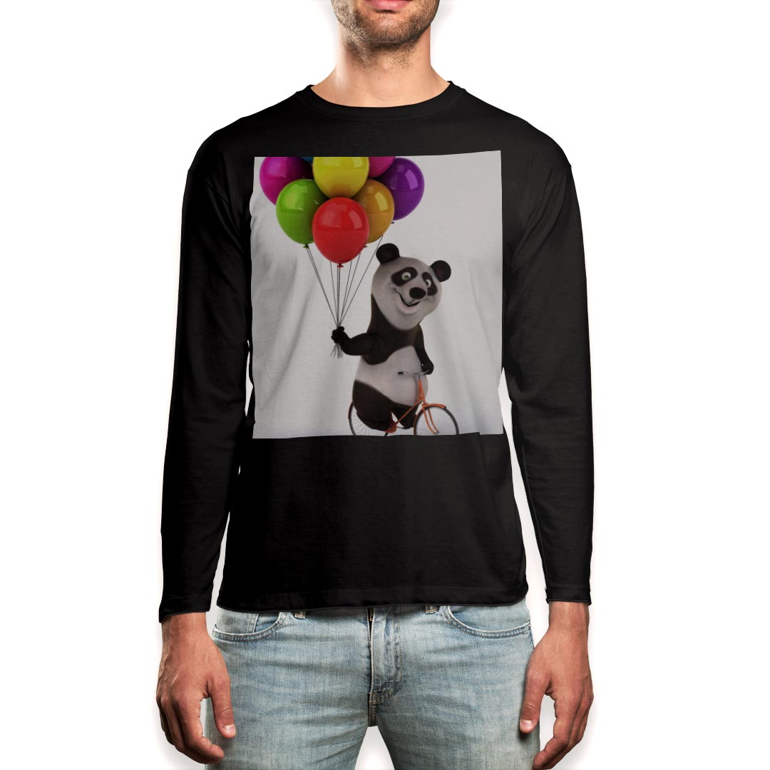 ロング tシャツ メンズ 長袖 ブラック デザイン XS S M L XL 2XL ロンT ティーシャツ 黒 black T shirt long sleeve 008702 パンダ　風船　カラフル　キャラクター