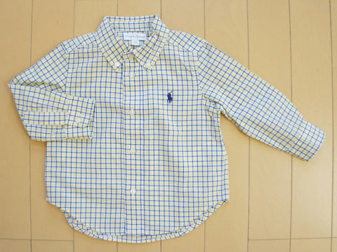 [m] ラルフローレン ralph lauren アウトレット 子供服 男の子 12M 80cm ベビー服 長袖 シャツ チェック 黄色 青 ボタンダウン 春 夏 秋 冬 ★4 トップス ボーイズ 男児 キッズ ベビー 【中古】 ユーズド 古着