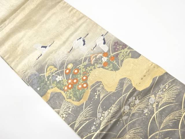 加山又造製　四季秋草模様図織り出し袋帯【中古】【着】