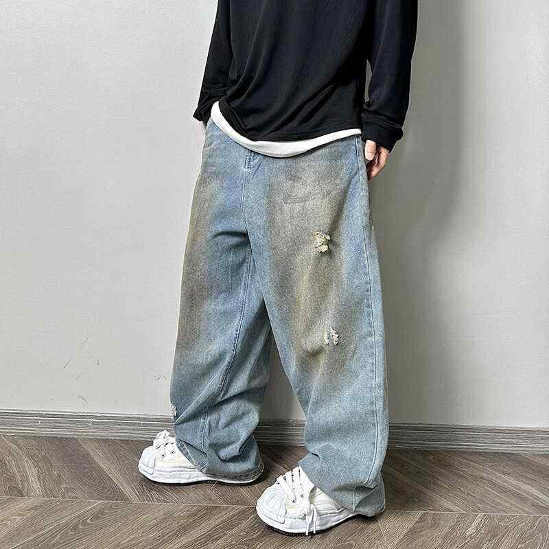 カジュアルパンツ メンズ おしゃれ 快適 秋 ダメージ ウォッシュ レトロ ストレート ジーンズ トレンディ ダメージ デニム