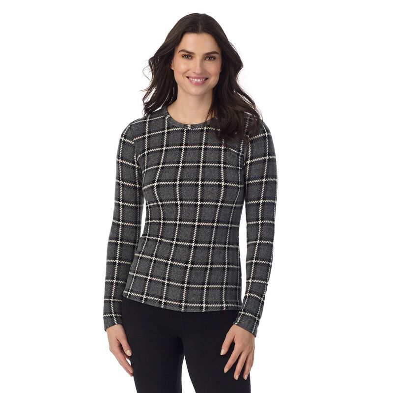 【送料無料】 クドルドッズ レディース Tシャツ トップス Women's Cuddl DudsR Fleecewear Stretch Long Sleeve Crew Top Gray Plaid