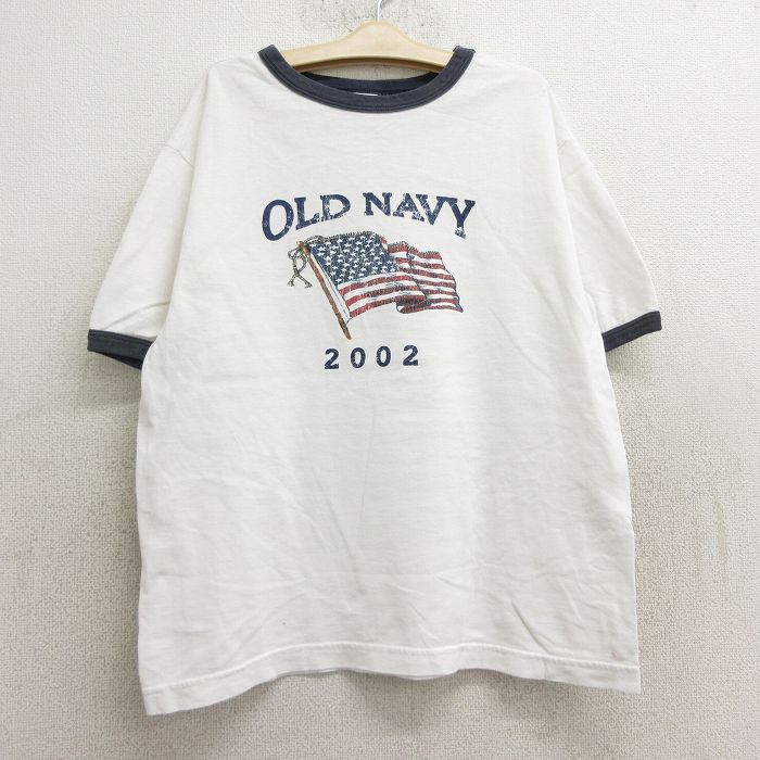 【中古】古着 オールドネイビー OLDNAVY 半袖 ビンテージ ヴィンテージTシャツ キッズ ボーイズ 子供服 00年代 00s ビッグロゴ 星条旗 コットン クルーネック 丸首 白 ホワイト リンガー | 春夏 春物 春服 秋冬 秋物 秋服 女の子 子ども服 こども服 カジュア