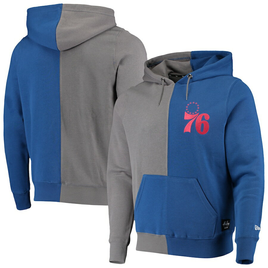 ニューエラ メンズ パーカー "Philadelphia 76ers" New Era Diagonal French Terry Color Block Pullover Hoodie - Gray/Royal