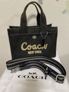 【正規品】COACH トートバッグ 黒 刺繍ロゴ ストラップ付き
